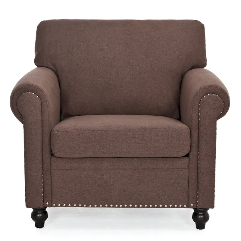Fauteuil d'appoint marron moderne de 95 cm, rembourré, avec cadre en bois massif et clous décoratifs, pour salon