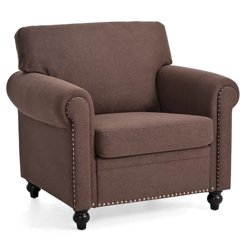 Fauteuil d'appoint marron moderne de 95 cm, rembourré, avec cadre en bois massif et clous décoratifs, pour salon