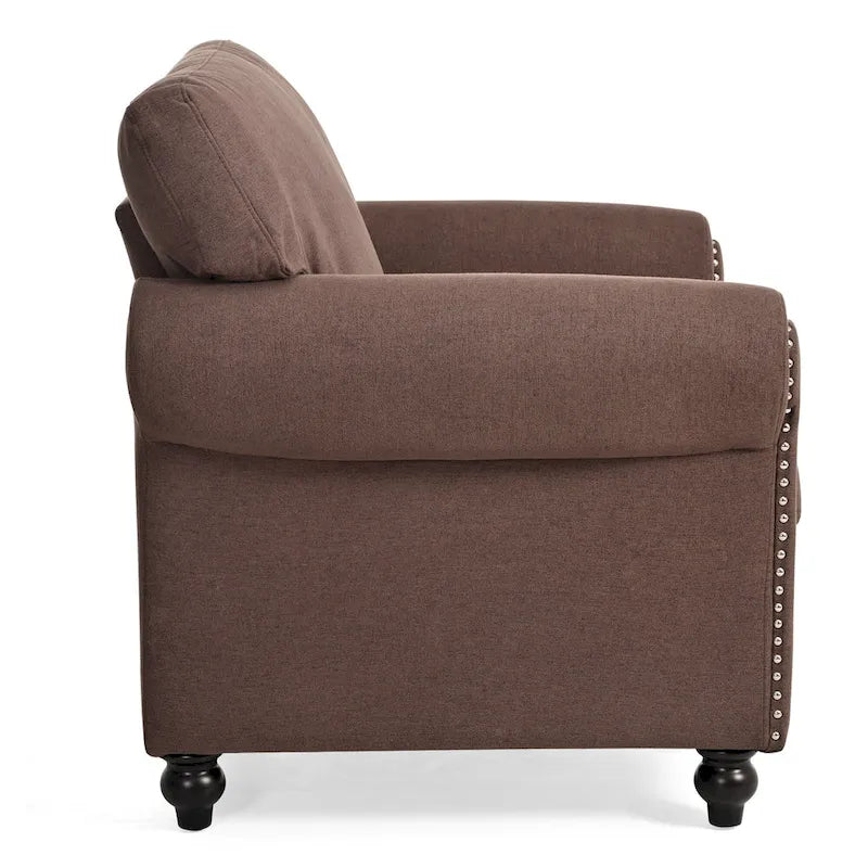 Fauteuil d'appoint marron moderne de 95 cm, rembourré, avec cadre en bois massif et clous décoratifs, pour salon