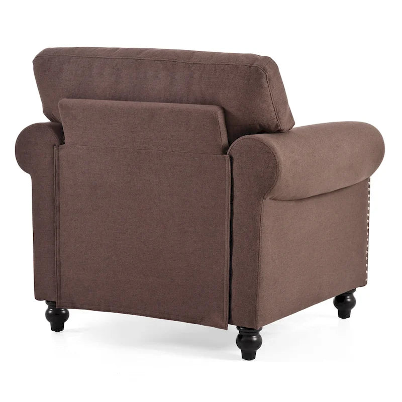 Fauteuil d'appoint marron moderne de 95 cm, rembourré, avec cadre en bois massif et clous décoratifs, pour salon
