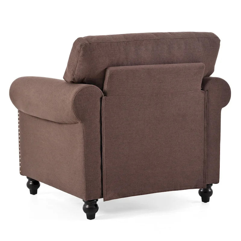 Fauteuil d'appoint marron moderne de 95 cm, rembourré, avec cadre en bois massif et clous décoratifs, pour salon