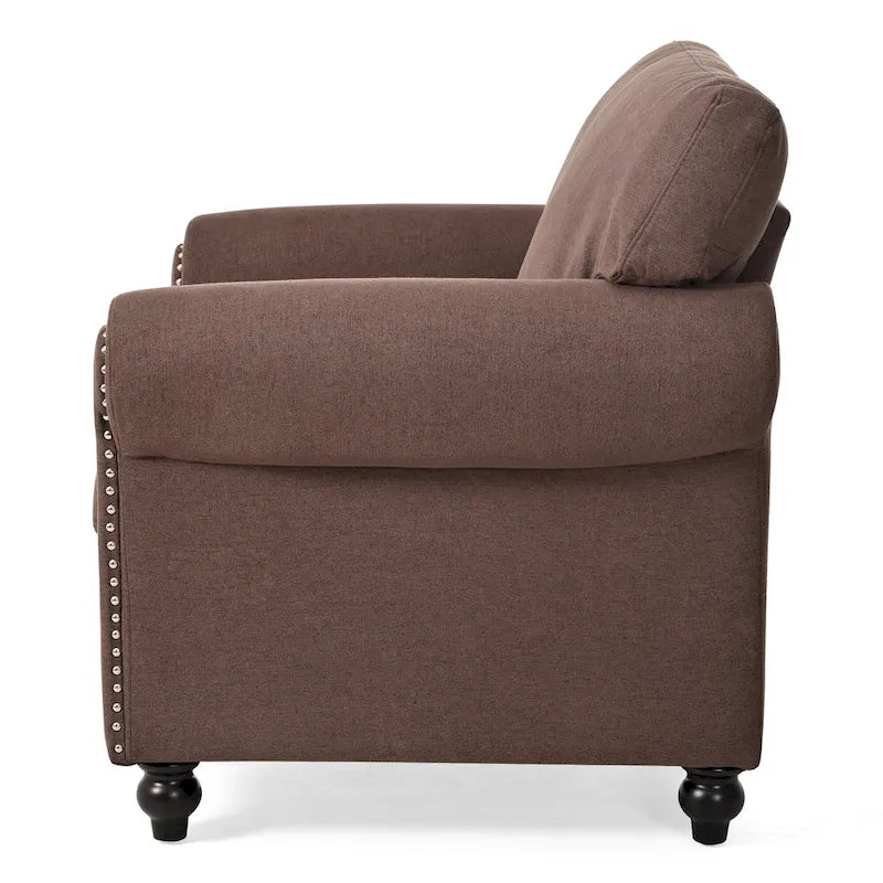Fauteuil d'appoint marron moderne de 95 cm, rembourré, avec cadre en bois massif et clous décoratifs, pour salon
