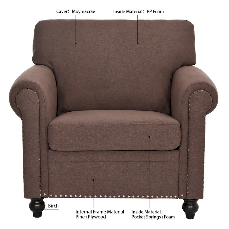 Fauteuil d'appoint marron moderne de 95 cm, rembourré, avec cadre en bois massif et clous décoratifs, pour salon