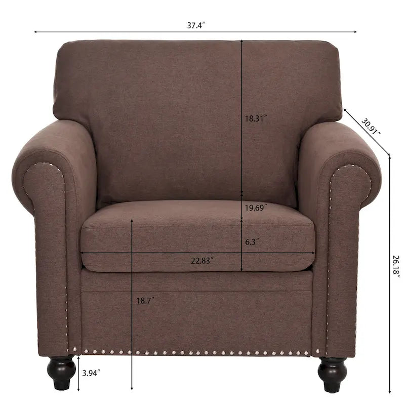 Fauteuil d'appoint marron moderne de 95 cm, rembourré, avec cadre en bois massif et clous décoratifs, pour salon