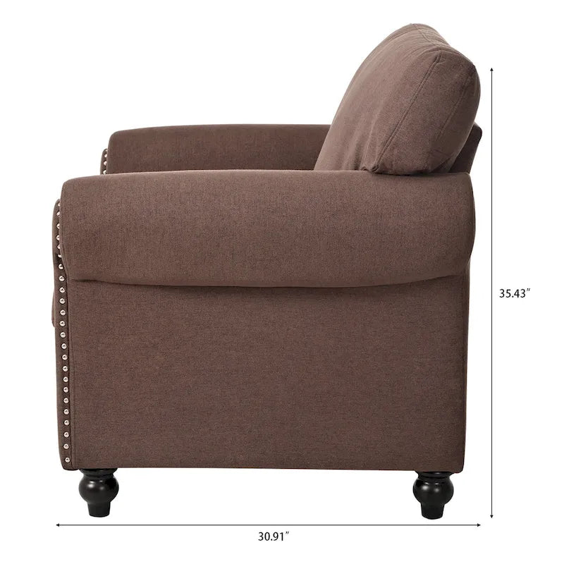 Fauteuil d'appoint marron moderne de 95 cm, rembourré, avec cadre en bois massif et clous décoratifs, pour salon