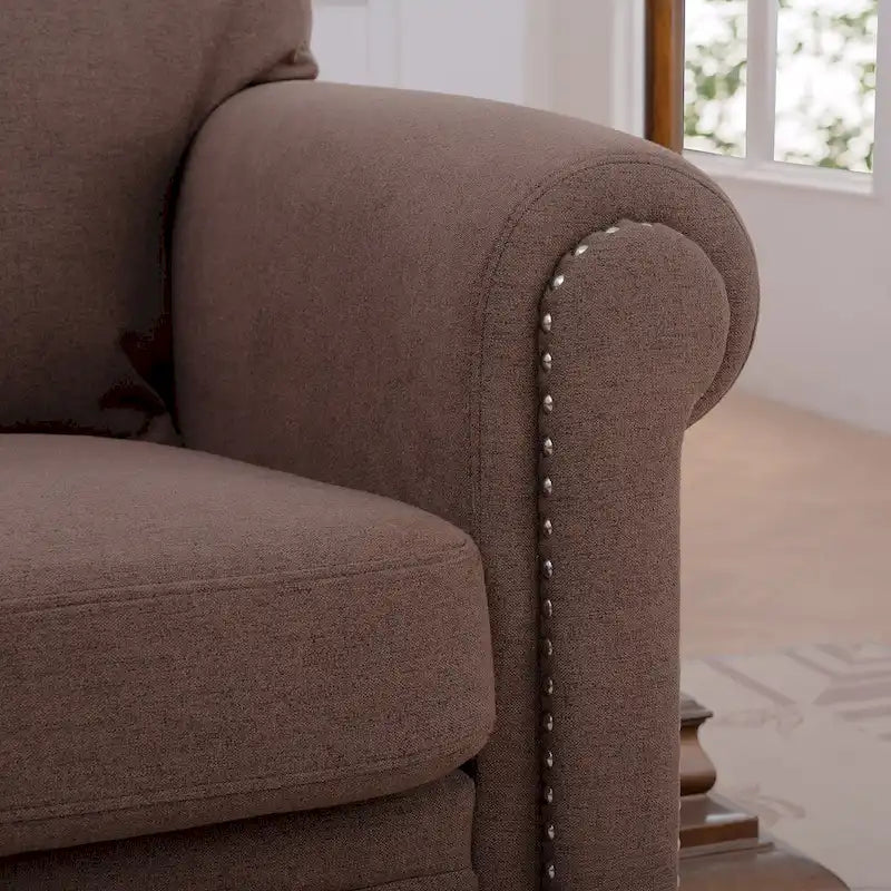 Fauteuil d'appoint marron moderne de 95 cm, rembourré, avec cadre en bois massif et clous décoratifs, pour salon