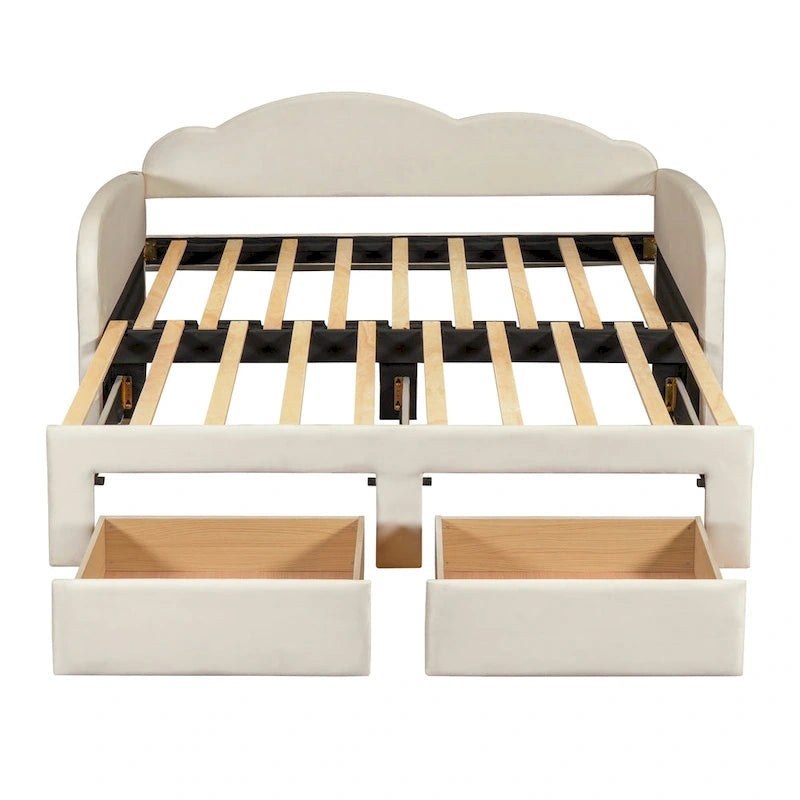 Lit de repos double Cloud en velours avec lit gigogne, tiroirs et port USB