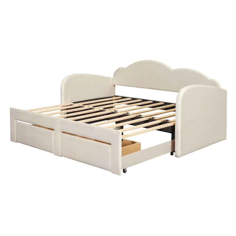 Lit de repos double Cloud en velours avec lit gigogne, tiroirs et port USB