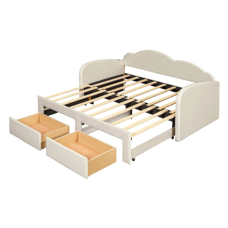 Lit de repos double Cloud en velours avec lit gigogne, tiroirs et port USB