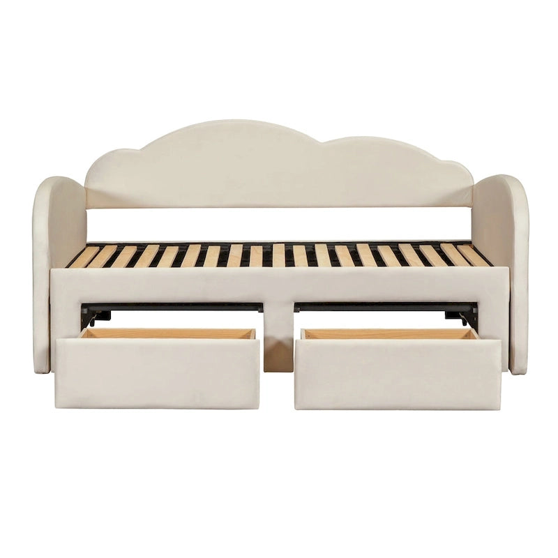 Lit de repos double Cloud en velours avec lit gigogne, tiroirs et port USB