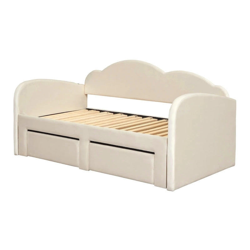 Lit de repos double Cloud en velours avec lit gigogne, tiroirs et port USB