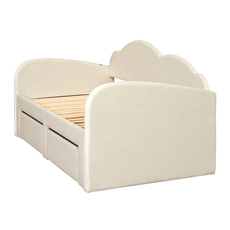 Lit de repos double Cloud en velours avec lit gigogne, tiroirs et port USB