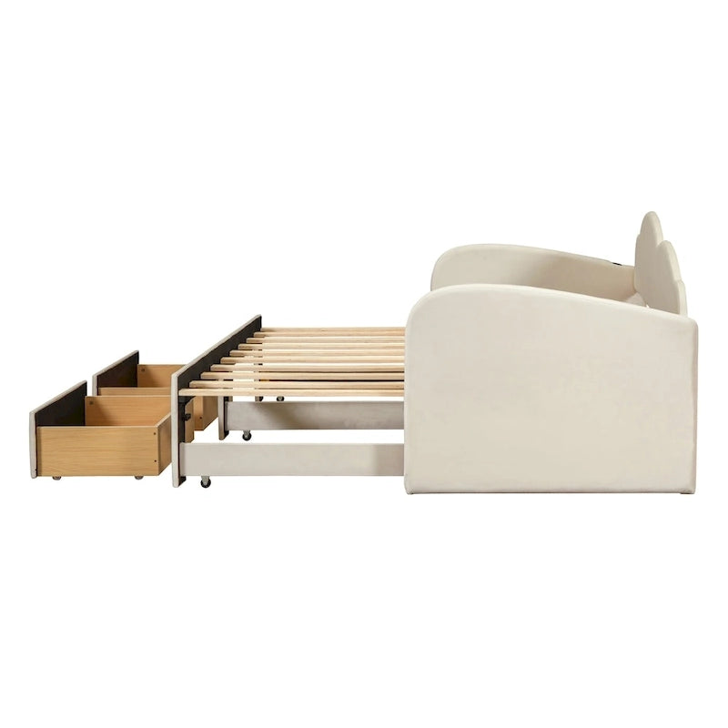 Lit de repos double Cloud en velours avec lit gigogne, tiroirs et port USB