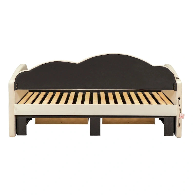Lit de repos double Cloud en velours avec lit gigogne, tiroirs et port USB