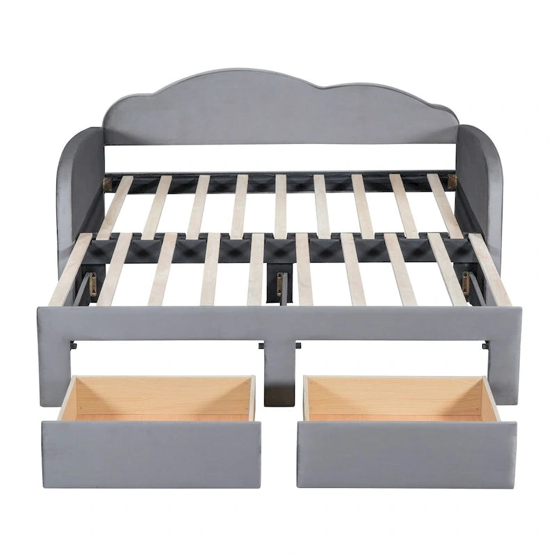 Lit de repos double Cloud en velours avec lit gigogne, tiroirs et port USB