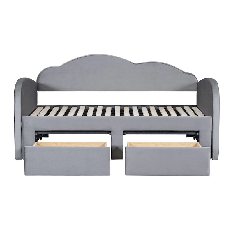 Lit de repos double Cloud en velours avec lit gigogne, tiroirs et port USB