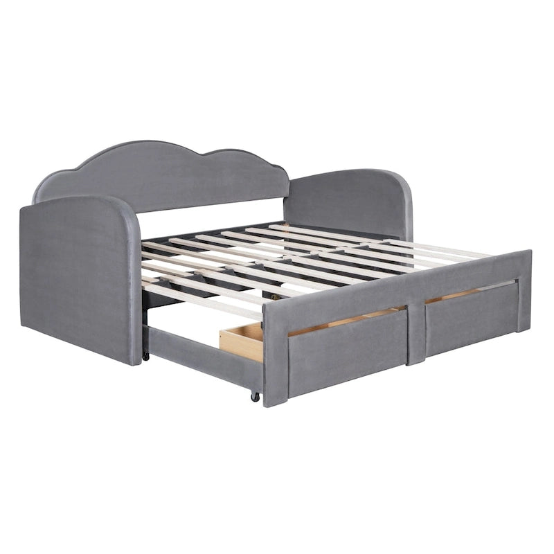 Lit de repos double Cloud en velours avec lit gigogne, tiroirs et port USB