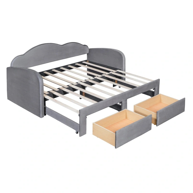 Lit de repos double Cloud en velours avec lit gigogne, tiroirs et port USB
