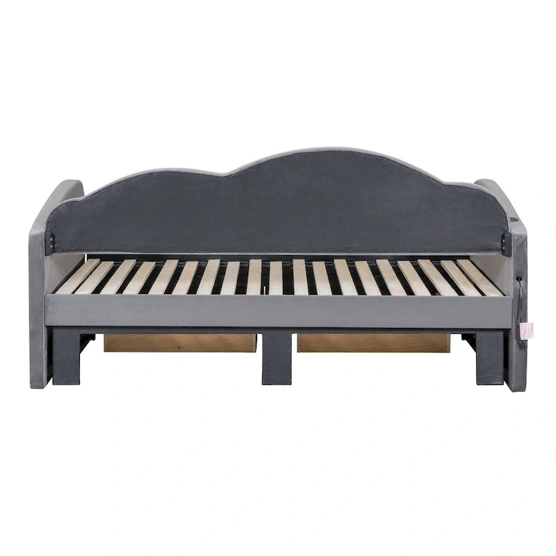 Lit de repos double Cloud en velours avec lit gigogne, tiroirs et port USB