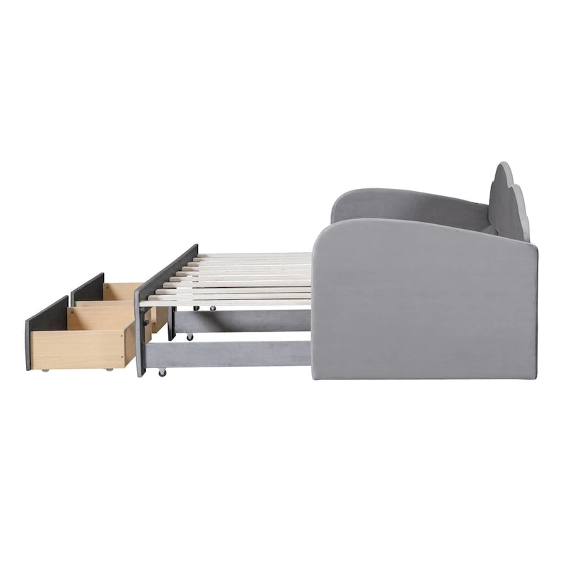 Lit de repos double Cloud en velours avec lit gigogne, tiroirs et port USB