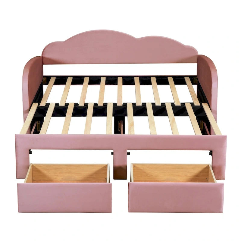 Lit de repos double Cloud en velours avec lit gigogne, tiroirs et port USB