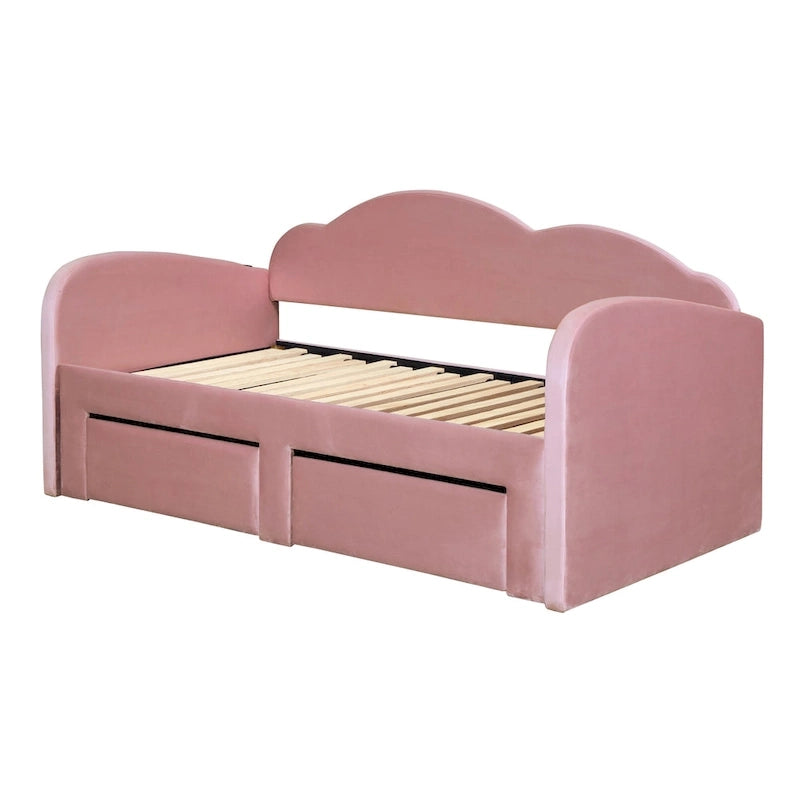 Lit de repos double Cloud en velours avec lit gigogne, tiroirs et port USB