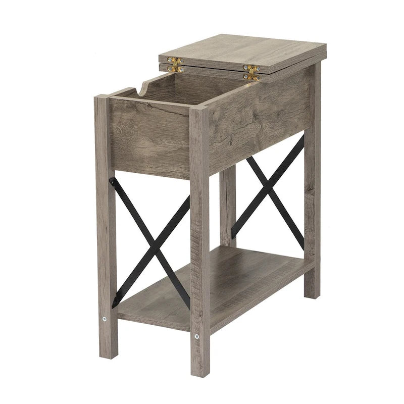 Table de chevet/bout de canapé style ferme avec plateau relevable, tiroir, 2 prises secteur et 2 ports USB