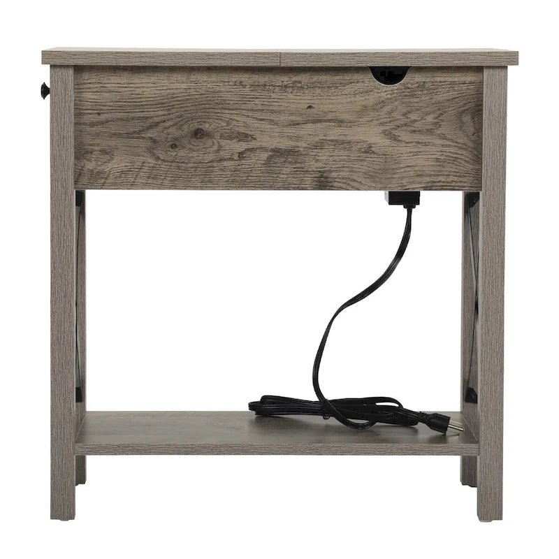 Table de chevet/bout de canapé style ferme avec plateau relevable, tiroir, 2 prises secteur et 2 ports USB