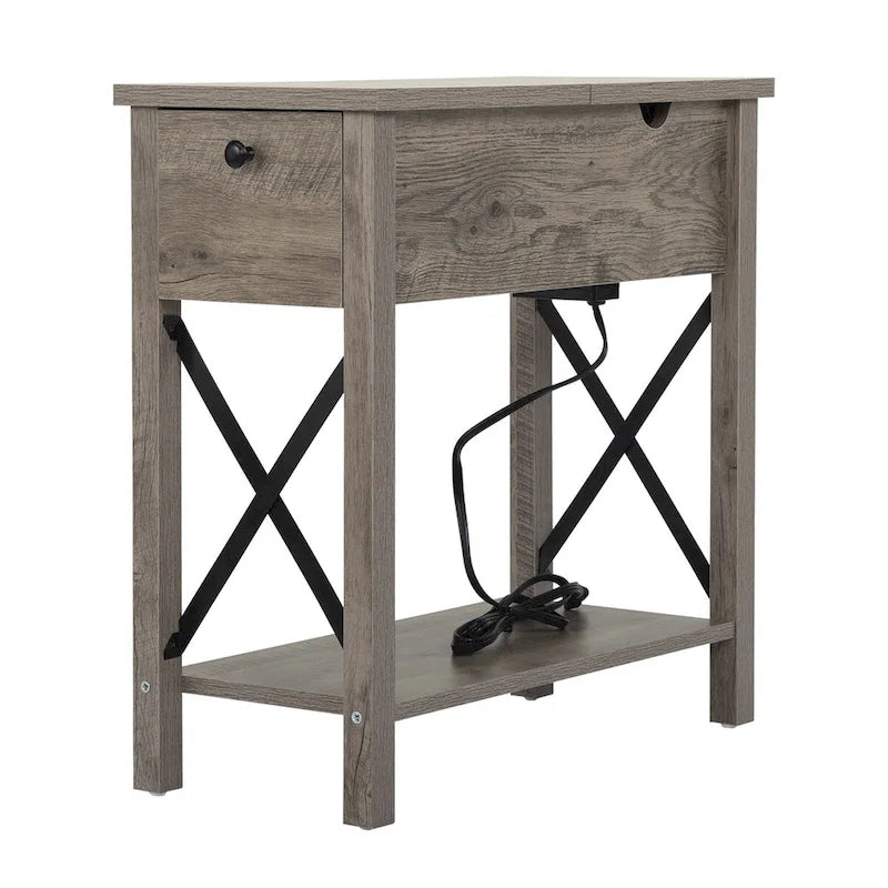 Table de chevet/bout de canapé style ferme avec plateau relevable, tiroir, 2 prises secteur et 2 ports USB