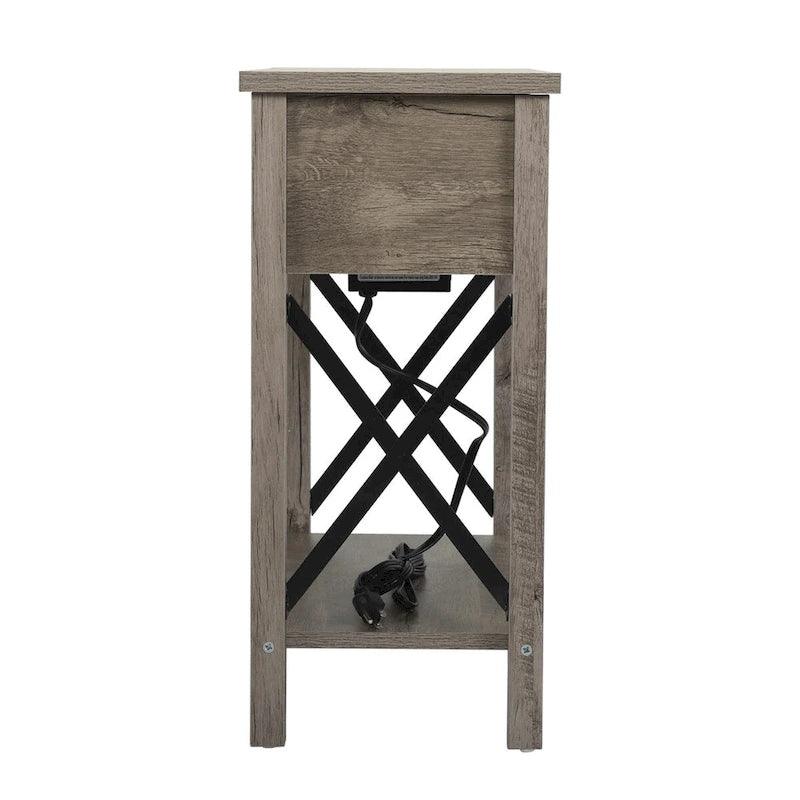 Table de chevet/bout de canapé style ferme avec plateau relevable, tiroir, 2 prises secteur et 2 ports USB