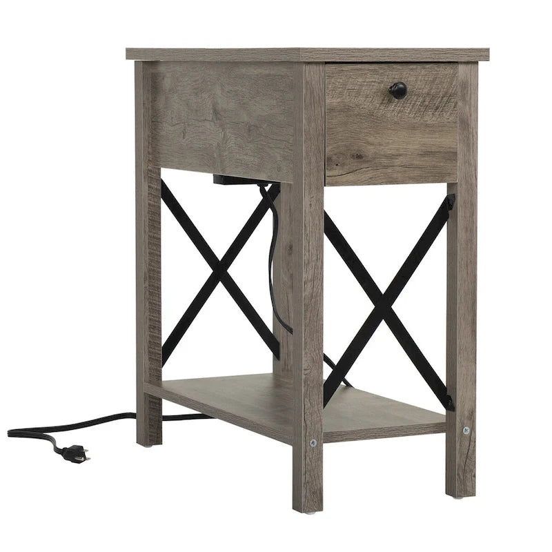 Table de chevet/bout de canapé style ferme avec plateau relevable, tiroir, 2 prises secteur et 2 ports USB
