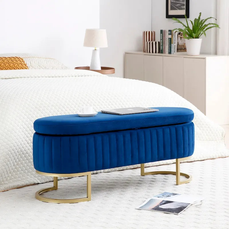 Banc de rangement pour chambre à coucher, banc capitonné ovale en velours pour bout de lit avec pieds en métal doré, banc ottoman de rangement 50