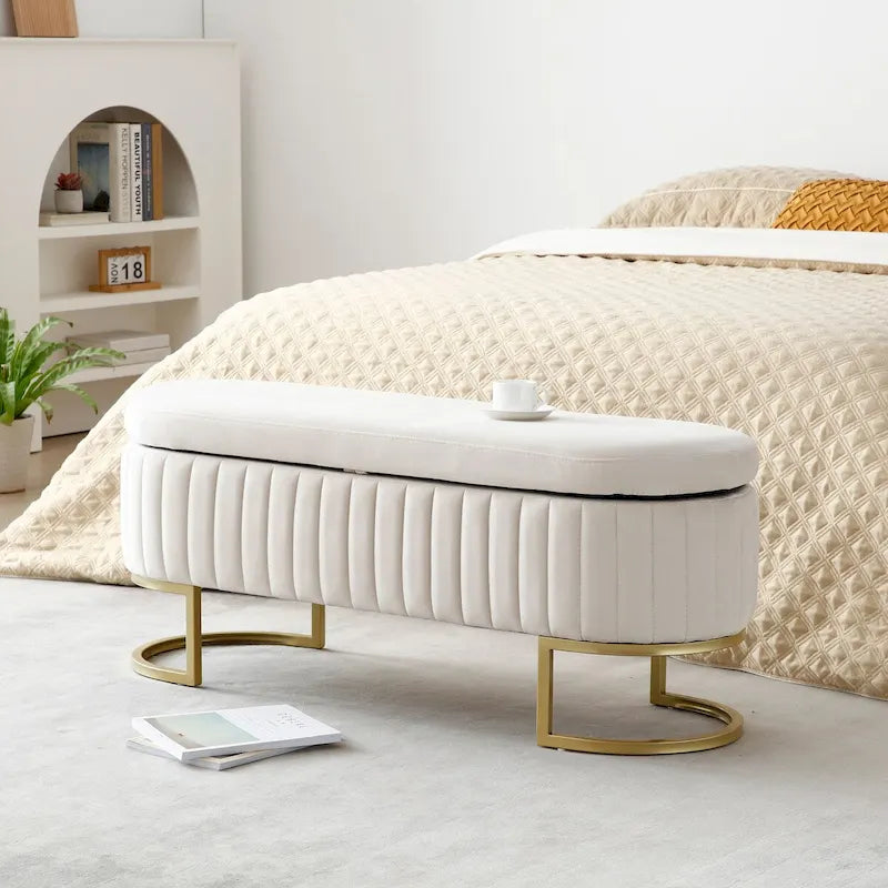 Banc de rangement pour chambre à coucher, banc capitonné ovale en velours pour bout de lit avec pieds en métal doré, banc ottoman de rangement 50