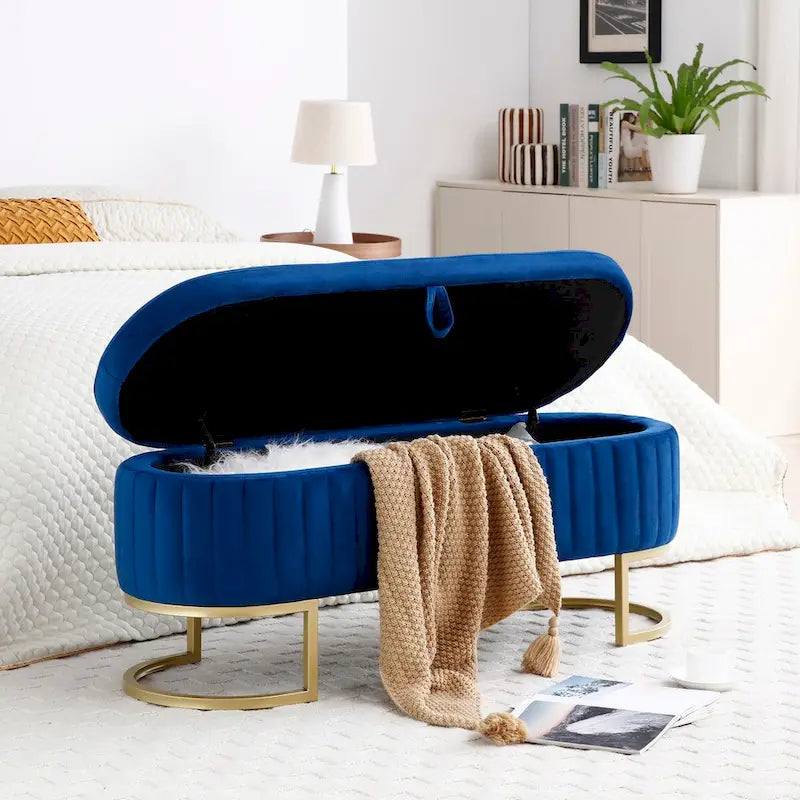 Banc de rangement pour chambre à coucher, banc capitonné ovale en velours pour bout de lit avec pieds en métal doré, banc ottoman de rangement 50