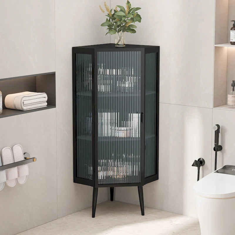 Meuble d'angle à poser, 3 niveaux avec portes en verre trempé et étagères de rangement