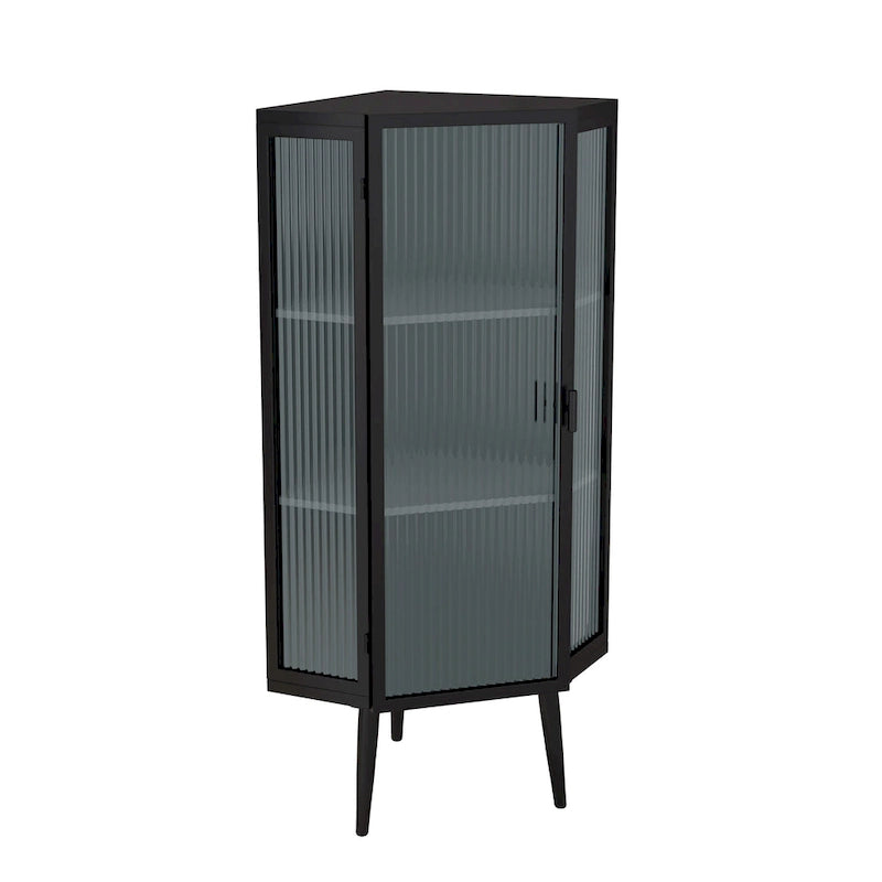 Meuble d'angle à poser, 3 niveaux avec portes en verre trempé et étagères de rangement