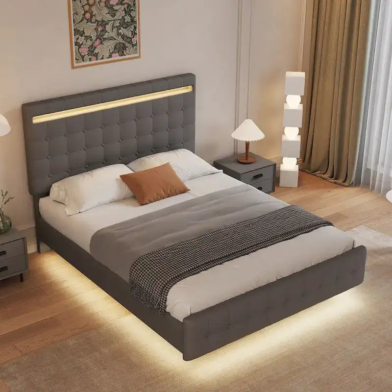 Cadre de lit flottant Queen size avec lumières LED