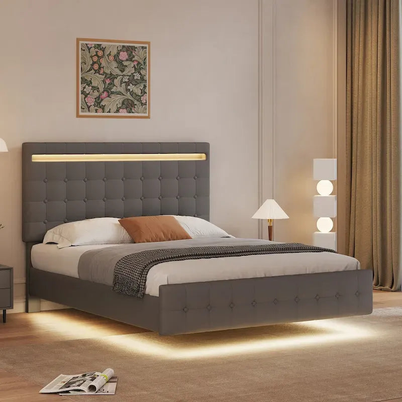 Cadre de lit flottant Queen size avec lumières LED